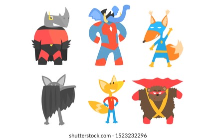 Cute animals in masks and cloaks of superheroes. Vector illustration.