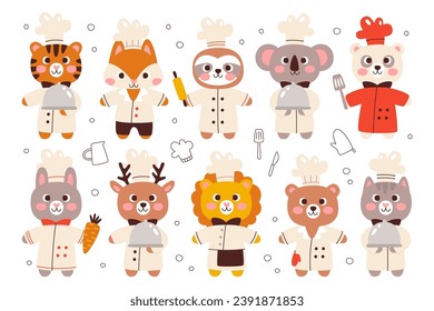 Cute animals master chef cook characters wearing uniform holding kitchen utensils and cooking ingredient for delicious dishes preparation vector illustration. Kawai mascot isolated set on white