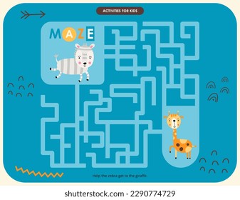 Cute Animals Maze game for children. Help Zebra get to Giraffe. Vector illustration. Jungle labyrinth for kids activity book.