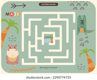 Cute Animals Maze game for children. Who will get to the pond. Hippo or Crocodile. Vector illustration. Jungle labyrinth for kids activity book.