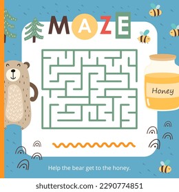 Cute Animals Maze game for children. Help Bear get to Honey. Vector illustration. Forest labyrinth for kids activity book. Book square format.