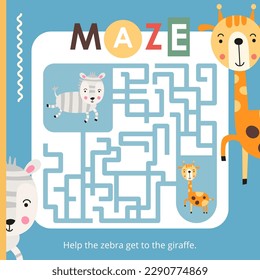 Cute Animals Maze game for children. Help Zebra get to Giraffe. Vector illustration. Jungle labyrinth for kids activity book. Book square format.