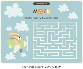 Cute Animals Maze game for children. Help Rabbit fly through the maze. Vector illustration. Labyrinth for kids activity book.