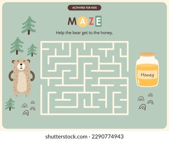 Cute Animals Maze game for children. Help Bear get to Honey. Vector illustration. Forest labyrinth for kids activity book.