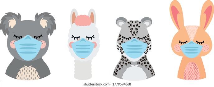Cute animals in a medical masks. Pandemic and covid-19 virus. Vector flat illustration.