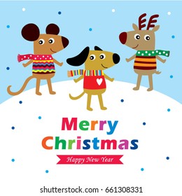 cute animals merry christmas greeting vector