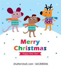 cute animals merry christmas greeting vector