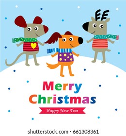 cute animals merry christmas greeting vector