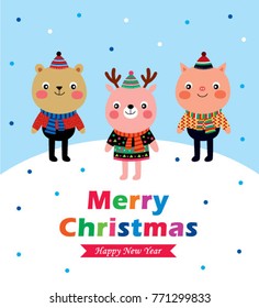 cute animals merry christmas and happy new year greeting vector