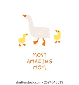 Cute Animals Mom and Baby. Amazing lovely card for Mother's Day. Flat style, vector illustration. Cartoon goose