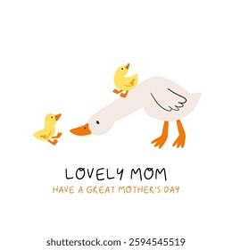 Cute Animals Mom and Baby. Amazing lovely card for Mother's Day. Flat style, vector illustration. Cartoon Goose