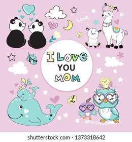 Cute animals moms and kids and the inscription I love you mom on a pink background