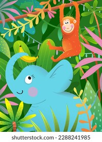 Cute Animals Monkey and Elephant in Playing in Jungle Forest. Exotic colorful rainforest illustration for kids, lush jungle and funny playful animals characters. Hand drawn vector design for children.