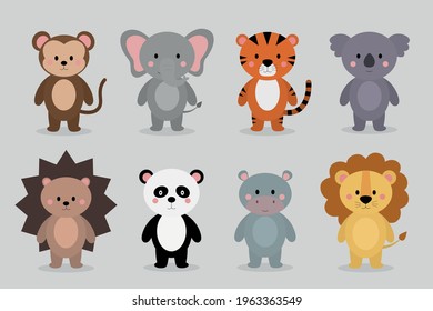Cute animals: Monkey, elephant, tiger, koala, hedgehog, panda, hippo, lion. Vector