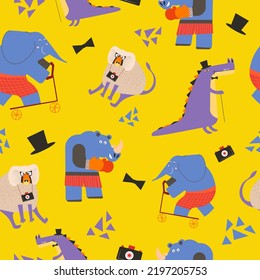 Cute animals, monkey with photo camera, crocodile wearing elegant bowtie and tophat. Rhino with boxing gloves and elephant on scooter. Vector in flat style, seamless pattern, background or wallpaper