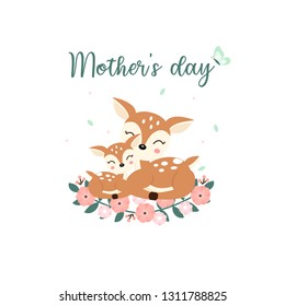 Cute animals for Mothers Day card. Deer Mom and Her Baby cartoon.