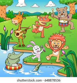 Cute animals musicians and dancers.