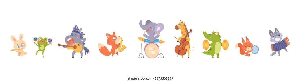 Cute animals musicians play fun music set vector illustration. Cartoon isolated funny baby elephant bunny frog crocodile fox giraffe donkey squirrel wolf playing musical instruments in orchestra