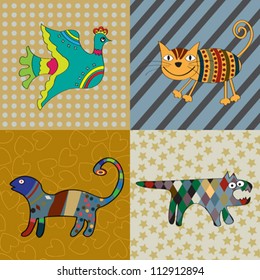 Cute animals naive art illustration