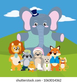Cute animals in nature cartoon 