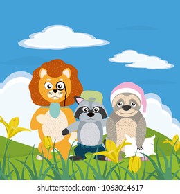 Cute animals in nature cartoon 