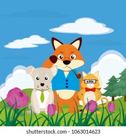 Cute animals in nature cartoon 
