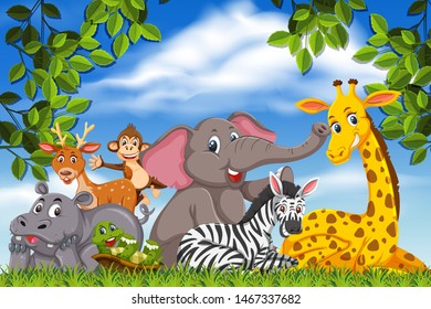 Cute animals in nature scene illustration