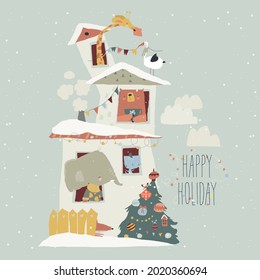 Cute Animals Neighbors celebrating Winter Holidays in Big House