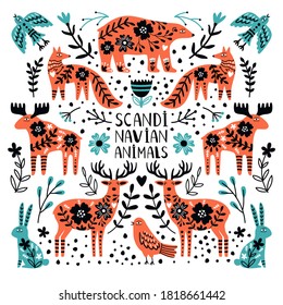 Cute animals of north. Scandinavian wild creatures, bear and deer, rabbit and fox between branches and berries, vector illustration of nordic animals isolated on white background