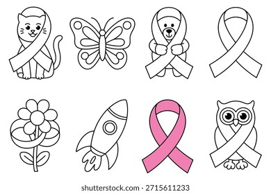 Animales y objetos lindos con cintas de la mariposa de la conciencia
