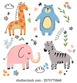 Cute animals and objects on a white background. Giraffe, elephant, zebra, bear, flowers, hearts and clouds.