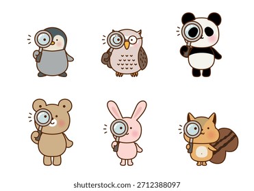 Cute Animals Observation Set with Magnifying Glass (Vector Illustration)