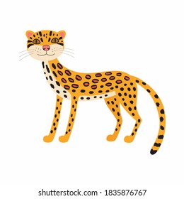 Cute animals ocelot. Cartoon wild cat isolated on white background.