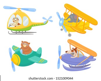 Cute animals on air transport. Animal pilot, pet in helicopter and airplane journey kids. Aircraft vehicle transportation, aviation animals adventure. Isolated cartoon illustration icons set