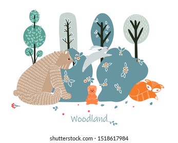 Cute animals on the background of the forest, trees, plants. Bear, Fox, Squirrel, Hare. Forest Animals. Vector illustrations in the Scandinavian style