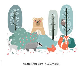 Cute animals on the background of the forest, trees, plants. Bear, Fox, Squirrel, Hare, Raccoon, Owl. Forest Animals. Vector illustrations in the Scandinavian style