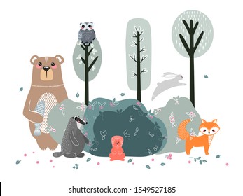 Cute animals on the background of the forest, trees, plants. Bear, Fox, Squirrel, Hare, Raccoon, Owl. Forest Animals. Vector illustrations in the Scandinavian style
