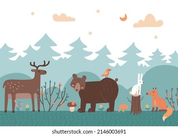 Cute animals on the background of the forest, trees,bushes and plants. Bear, Fox, Deer, Hare and bird. Forest Animals set. Vector flat hand drawn illustrations in the Scandinavian style