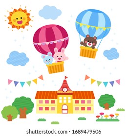 Cute Animals on balloon,Garden building