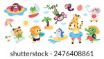 Cute animals on beach. Fauna characters with lifebuoys and surfboards. Summer holidays. Lion with ice cream. Monkey sunbathing. Giraffe in bikini. Sloth swimming. Garish