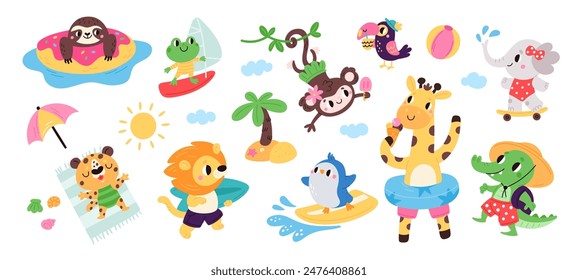 Cute animals on beach. Fauna characters with lifebuoys and surfboards. Summer holidays. Lion with ice cream. Monkey sunbathing. Giraffe in bikini. Sloth swimming. Garish