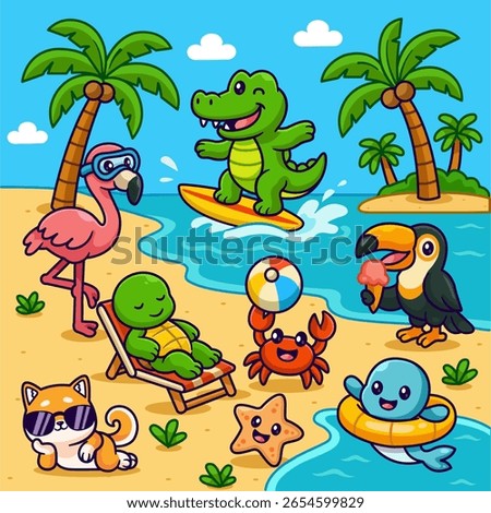 Cute Animals On Beach Summer Cartoon Vector Icon Illustration. Animal Nature Icon Concept Isolated Premium Vector. Flat Cartoon Style