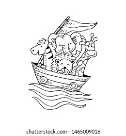 Cute animals on boat. cartoon illustration.