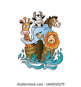 Cute animals on boat. cartoon illustration.
