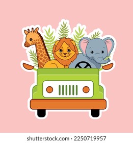 Cute animals on car icon. Giraffe, tiger and elephant in vehicle against background of tropical foliage, jungle. Travel and tourism, adventure. Cartoon flat vector illustration