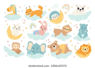 Cute animals on clouds and moons flat illustrations set. Sleepy giraffe, fox, rabbit, hippo, sloth, owl, bear and elephant. Dreaming design elements