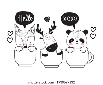 cute animals on cups sketch