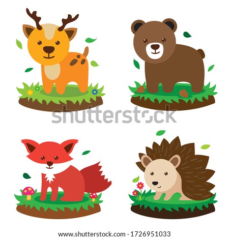 Cute animals on the floor. Cartoon animals on the white background. Funny fox, Cute bear, Tiger wildlife and porcupine.