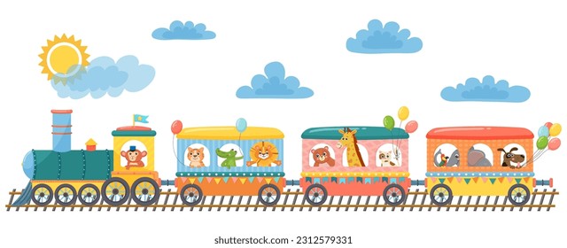 Animales graciosos en el tren. Niños felices animales en el ferrocarril. Pequeñas mascotas de zoológico montan en locomotora de juguetes. Elefante, jirafa, mono y león en tren de transporte. Ilustración del vector de dibujos animados