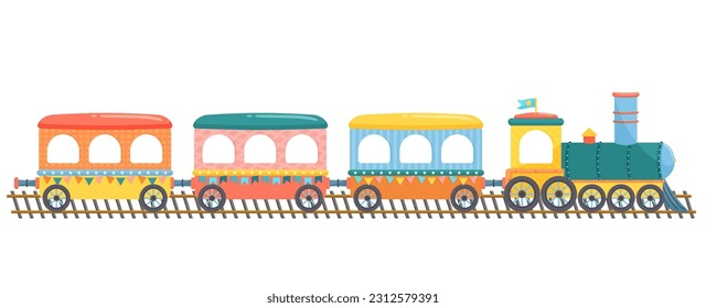 Cute animals on funny train. Happy children animal in railroad. Little zoo pets ride on toy locomotive. Elephant, giraffe, monkey and lion in transportation train. Cartoon Vector illustration